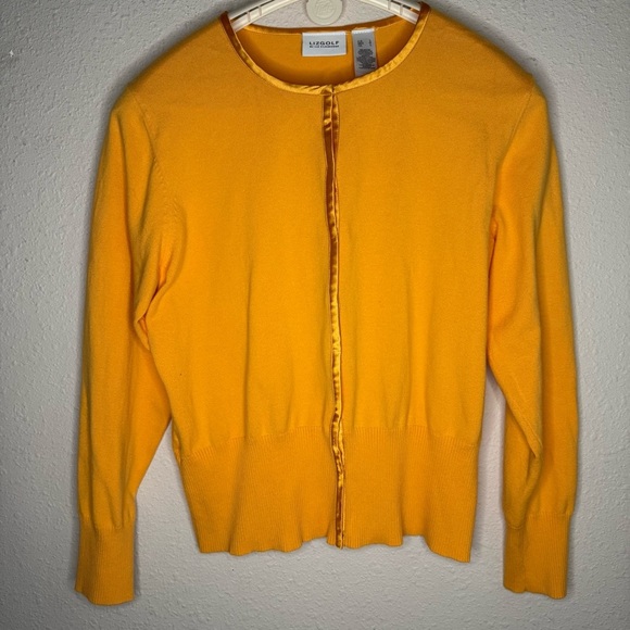 Liz Golf Cardigan Snap Front Cantaloupe Satin Trim Tight Knit Women’s Size Large - Picture 2 of 12